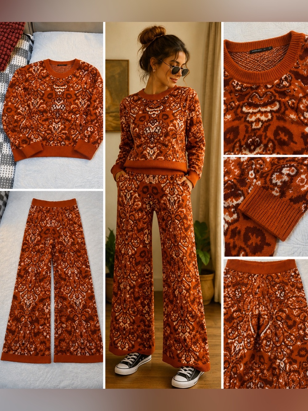 Boohoo Rust Paisley Knit Sweater & Wide Leg Pants Lounge Set Small